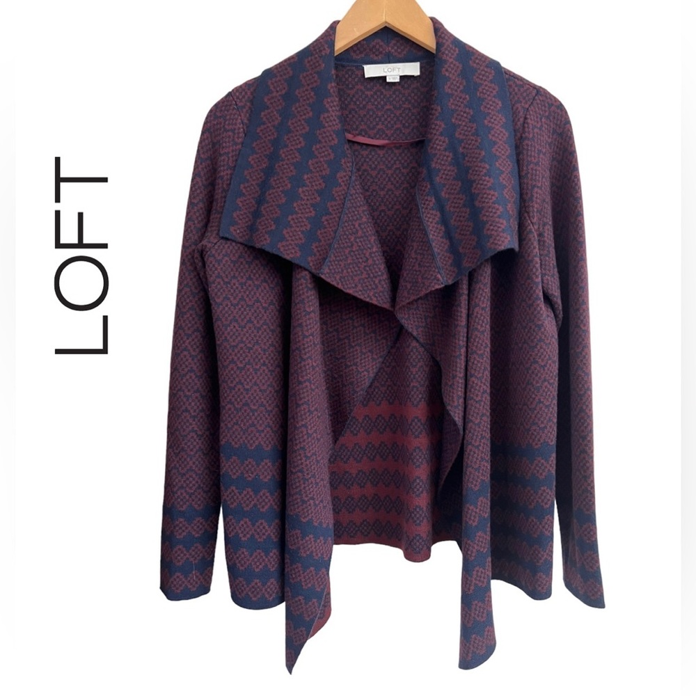 LOFT Women's Burgundy & Navy Open Cardigan Sweater